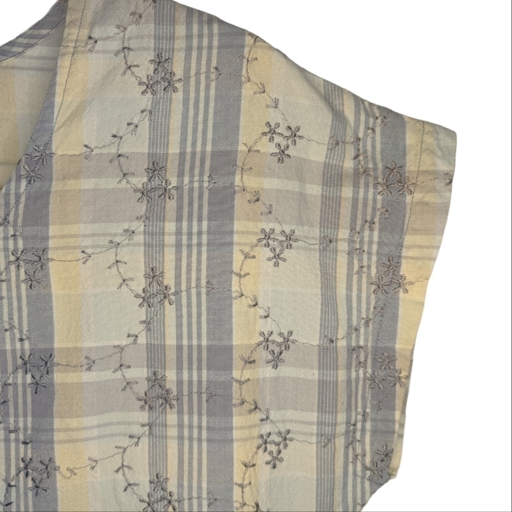 Vintage 90s Prairie Pinafore Cotton Plaid Embroidered Maxi Dress S - Picture 13 of 13